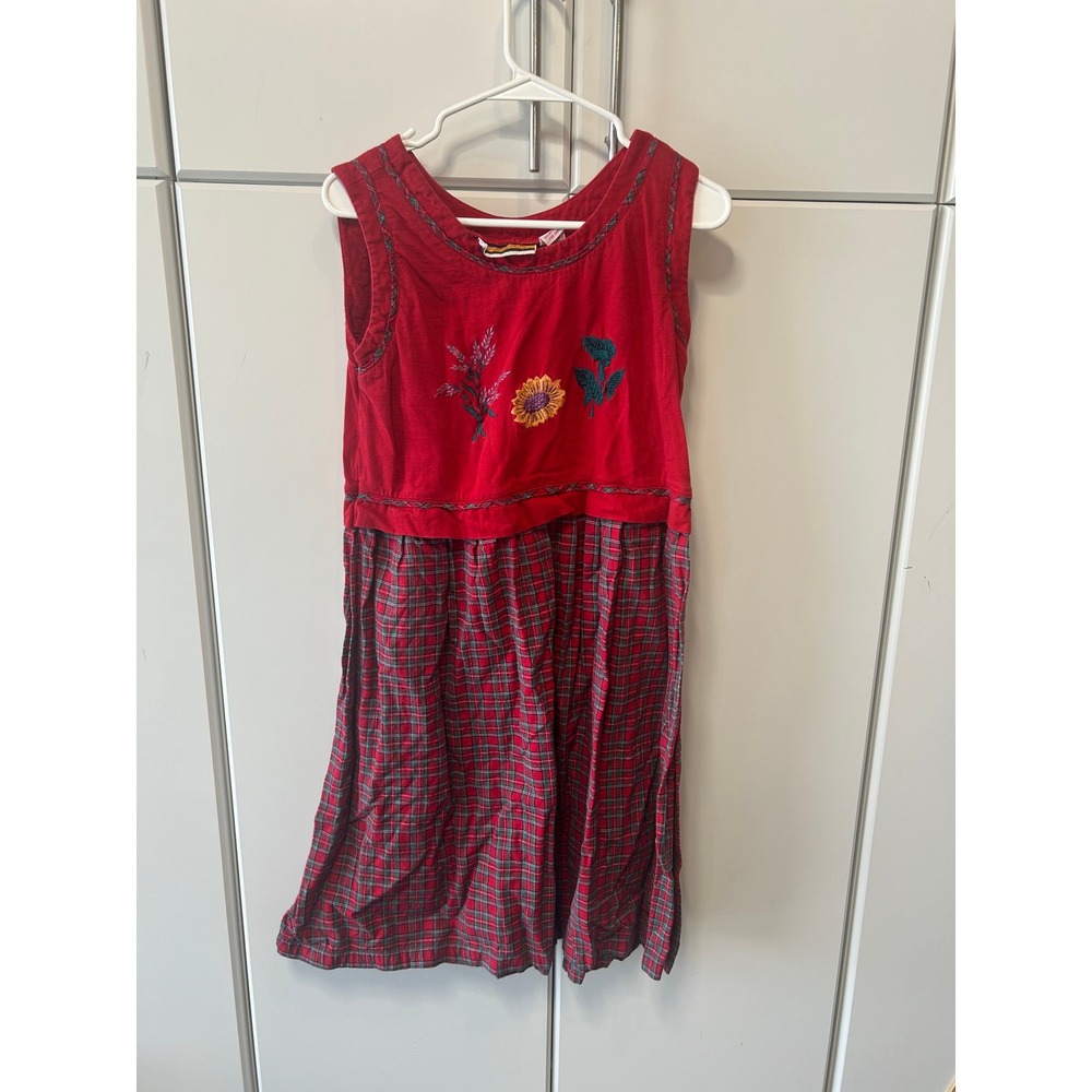 Vintage B.N.Y. Company Red Plaid Floral Embroidered Cotton Dress Medium Cottagec